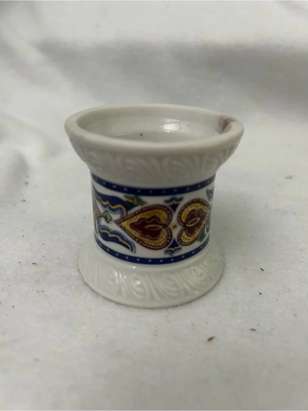 Elizabeth Arden White Ceramic Candle Holder with Blue and Gold Pattern